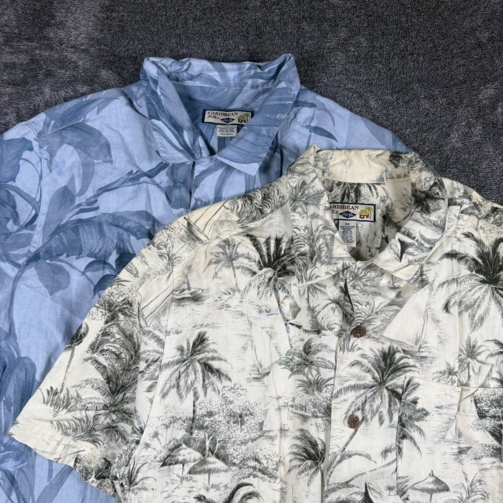 Lot of 2 Caribbean Joe Men's M Hawaiian Tropical Button Shirts Linen Rayon